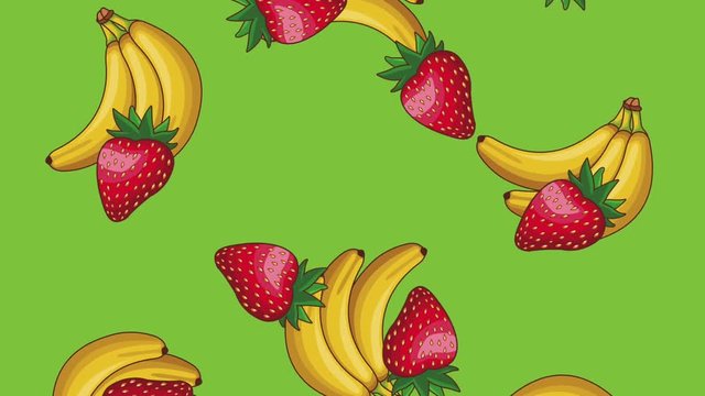 Strawberries and bananas falling over green background High definition colorful scenes animation