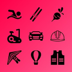 Vector icon set about fitness and sport with 9 icons related to recreation, onion, scale, side, girl, pool, front, dieting, style and confidence