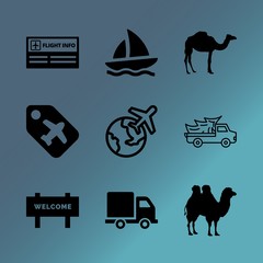 Vector icon set about transport with 9 icons related to tourism, dubai, life, fast, mammal, highway, luggage, cameleer, cruise and equipment