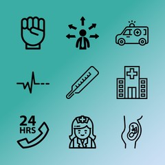 Fototapeta premium Vector icon set about medicine with 9 icons related to leukemia, expecting, physician, 24, help, hospital, case, fast, occupation and stethoscope