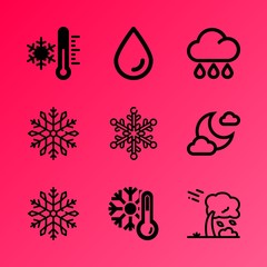 Vector icon set about weather with 9 icons related to dark, frosts, illuminated, flake, earth, degree, spray, set, hurricane and science