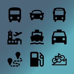 Vector icon set about transport with 9 icons related to service, fun, luxury, motor, 66, ocean, biking, street, bicycle and truck