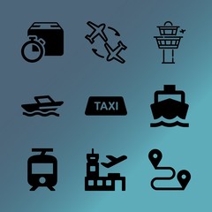 Vector icon set about transport with 9 icons related to floating, streetcar, luggage, vintage, summer, person, transport, concept, people  and packaging