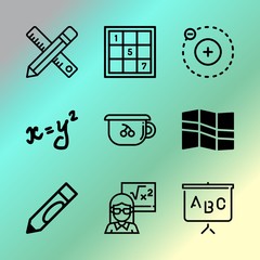 Vector icon set about education with 9 icons related to educational, rainbow, equipment, science, solution, rule, flat, think, shape and graphic
