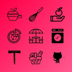 Vector icon set about kitchen with 9 icons related to backdrop, table, liquid, culinary, sausage, empty, open, surface, rustic and tabletop