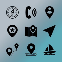 Vector icon set about location with 9 icons related to education, operator, message, orienteering, study, destination, guy, arrow, yachting and conceptual