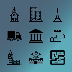 Vector icon set about building with 9 icons related to tools, women, cross, purchase, place, mansion, workspace, banking, open and town