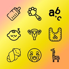 Vector icon set about baby with 9 icons related to type, bed, sign, natural, african, fetus, text, love, green and caricature