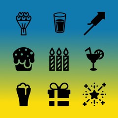 Vector icon set about birthday party with 9 icons related to wax, giftbox, tropical, decorative, label, foam, decor, cream, water and slice