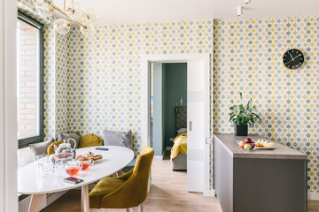 Dining room scandinavian style interior, studio apartment design