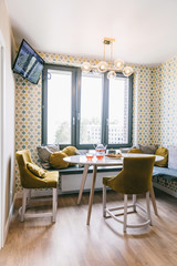 Dining room scandinavian style interior, studio apartment design