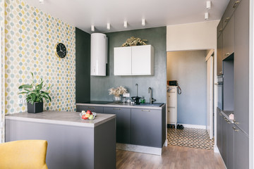 Scandinavian interior design. White grey wooden kitchen room organization