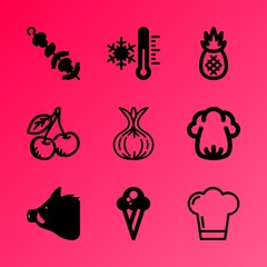 Vector icon set about food with 9 icons related to vegetable, vitamin, frosty, ice-cream, harvest, season, livestock, wafer, sour and hot
