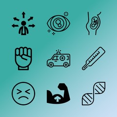 Vector icon set about medicine with 9 icons related to treatment, closeup, web, fahrenheit, education, contact, touching, tension, expectation and object