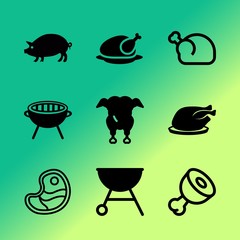 Vector icon set about barbecue with 9 icons related to salt, meal, roasted, chop, beef, charcoal, cook, pepper, picnic and smoke