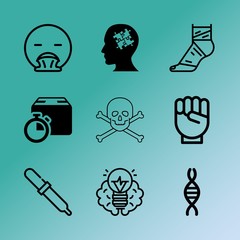 Vector icon set about medicine with 9 icons related to nervous, lying, engineer, oil, resting, set, risk, cosmetic, hurt and transparent