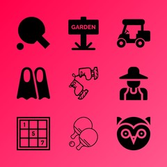 Vector icon set about hobby with 9 icons related to childlike, tools, black, adventure, flipper, spring, ball, japanese, hobby and blade