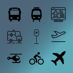 Vector icon set about transport with 9 icons related to vintage, waiting, element, pilot, digital, sunset, collection, bicycle, red and dock