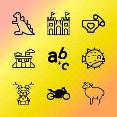 Vector icon set about baby with 9 icons related to typography, season, bicycle, woolly, family, ancient, owl, newborn, bear and logo