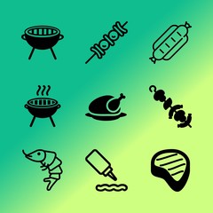 Vector icon set about barbecue with 9 icons related to unhealthy, french, coals, backyard, yellow, meadow, lime, juicy, people  and relish
