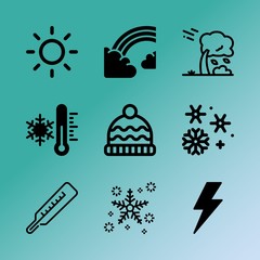 Vector icon set about weather with 9 icons related to year, object, celebration, storage, net, cyberspace, typhoon, internet, cartoon and lighning