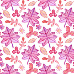 Fototapeta na wymiar Hand painted watercolor seamless pattern with floral details in pink and violet colors isolated on white 