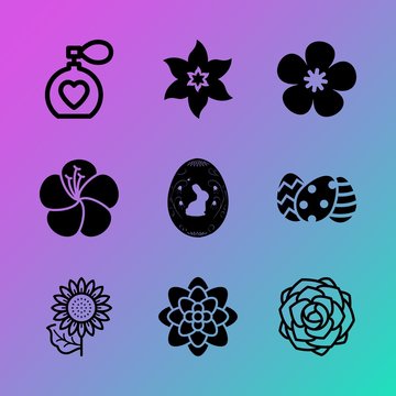 Vector icon set about flowers with 9 icons related to texture, happy, sprayer, paint, agriculture, sunflower, cosmetic, bunny, valentine and silhouette