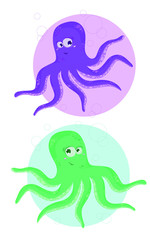 Octupus. Two funny cartoon octopus. Vector illustation.