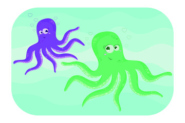 Octupus. Two funny cartoon octopus. Vector illustation.