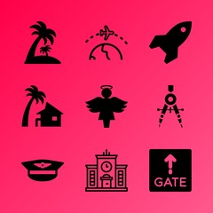 Vector icon set about travel and tourism with 9 icons related to dock, lorry, hill, looking, office, island, voyage, national, outdoor and west