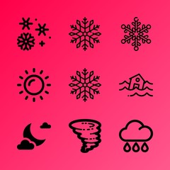 Vector icon set about weather with 9 icons related to funnel, astronomy, pouring, rainy, magic, winter, clouds, orbit, catastrophic and texture