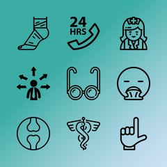 Vector icon set about medicine with 9 icons related to tissue, myeloma, wrist, beautiful, deaf, sick, patch, heart, health care and blue