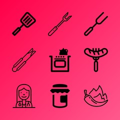 Vector icon set about kitchen with 9 icons related to barbecue, almond, color, mixing, concept, morning, new, spatula, cereal and silver