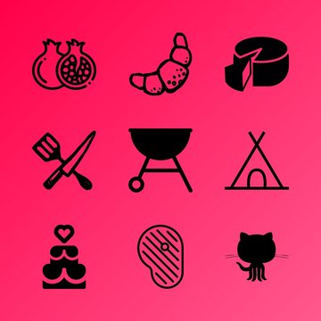 Vector icon set about food with 9 icons related to roast, barbecue, clip art, adventure, freshness, alcohol, preparation, fruits, salad and flowers