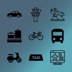 Vector icon set about transport with 9 icons related to accessibility, architecture, service, stand, italian, shape, driving, view, airport and technology