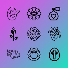 Vector icon set about flowers with 9 icons related to bud, merry, winner, holiday, tattooing, eggs, summer, border, blue and aroma