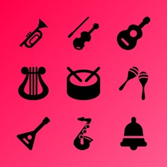 Vector icon set about music instruments with 9 icons related to concert, musical, sheet, isolated, saxophone, fiddlestick, trumpet, drum, abstract and festival