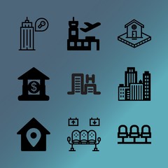 Vector icon set about building with 9 icons related to wealth, waiting, banking, communication, flight, resort, hand, tree, corporate and finance