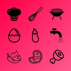 Vector icon set about kitchen with 9 icons related to hard-boiled, seasoning, butchery, culture, lifestyle, pan, chilli, culinary, recipe and agriculture
