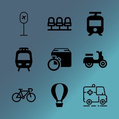Vector icon set about transport with 9 icons related to spoke, mock, light, blue, man, train, hall, architecture, white and adventure