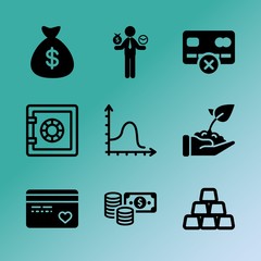 Vector icon set about bank with 9 icons related to year, price, meeting, culture, paper, debt, coin, bank, executive and delivery