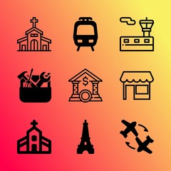 Vector icon set about building with 9 icons related to department, window, tower, repair, plane, church, jesus, france, tools and bicycle