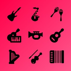 Fototapeta premium Vector icon set about music instruments with 9 icons related to music instruments, key, silhouette, band, music, saxophone, texture, background, illustration and shape