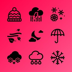 Vector icon set about weather with 9 icons related to meadow, snow, window, motion, thunderbolt, background, knit, speed, icy and environment