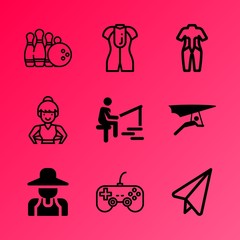 Vector icon set about hobby with 9 icons related to women, excitement, free, board, line, hit, yard, sea, work and catch
