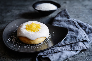 Skoleboller - traditional Norwegian buns with custard, sugar glaze and shredded coconut