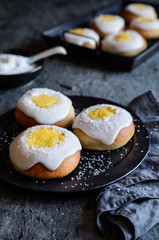 Skoleboller - traditional Norwegian buns with custard, sugar glaze and shredded coconut