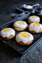 Skoleboller - traditional Norwegian buns with custard, sugar glaze and shredded coconut