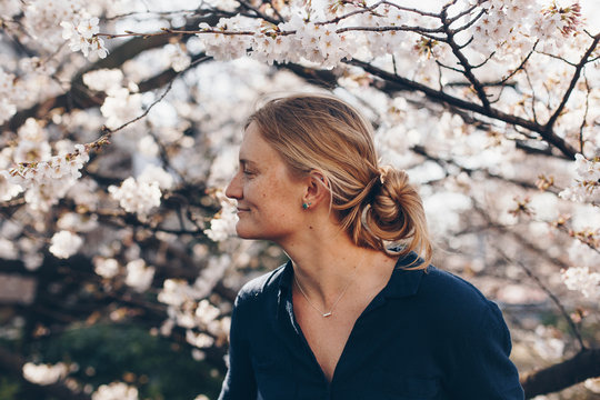 Woman with White Cherry Blossoms in Japan