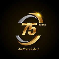 75 Years Anniversary Celebration Logotype. Golden Elegant Vector Illustration with Swoosh, Isolated on Black Background can be use for Celebration, Invitation, and Greeting card